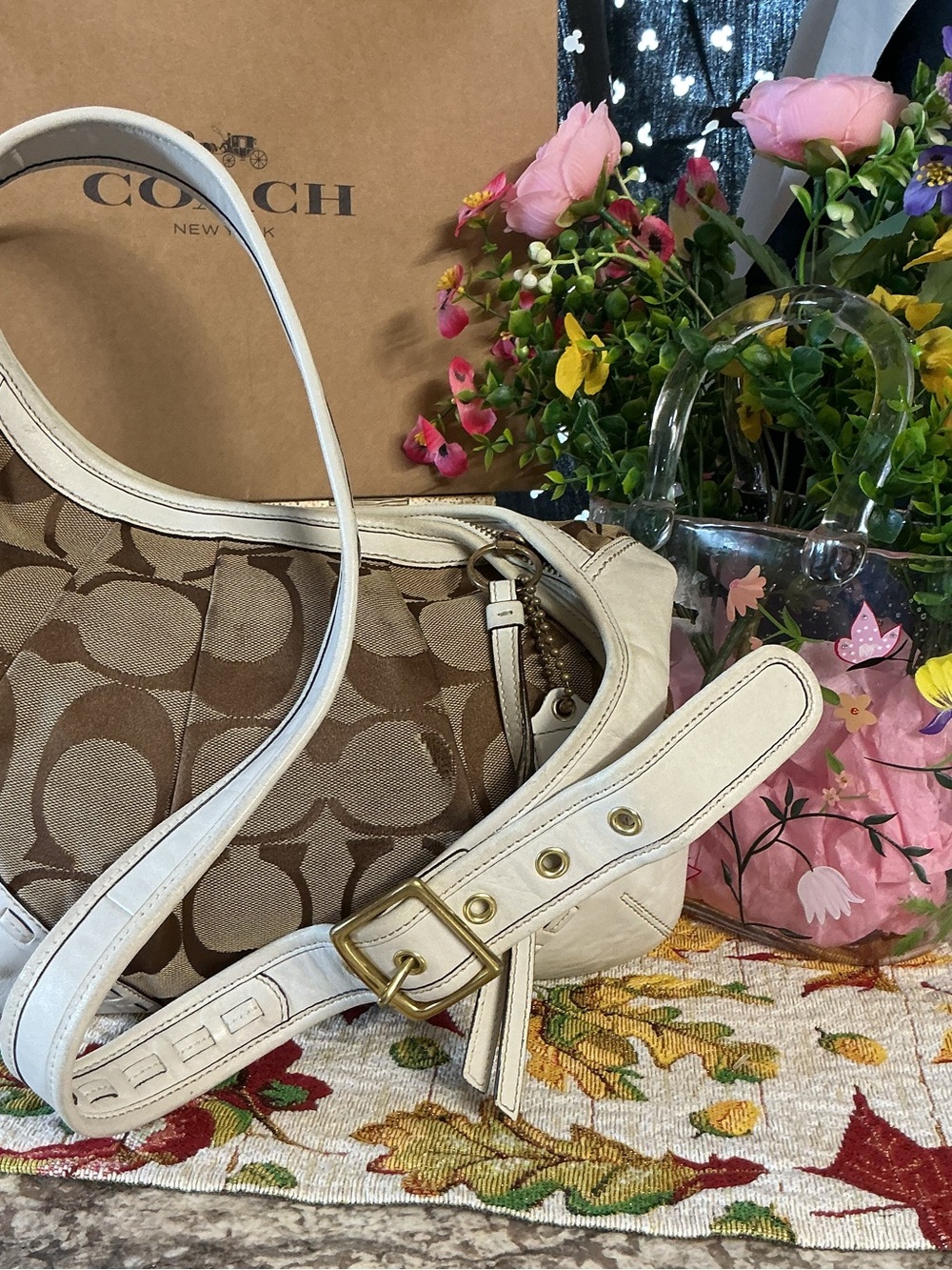 Coach Brown Signature Canvas Shoulder Bag with Cream Leather Trim